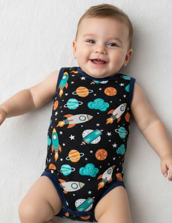 Baby Junge liegt auf dem Rücken und trägt einen ärmellosen dunkelblauen Body mit Planeten-Motiv.