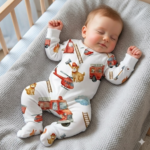 Schlafendes Baby im Kinderbett trägt Feuerwehr Strampler mit Feuerwehrauto Motiv, langärmlig