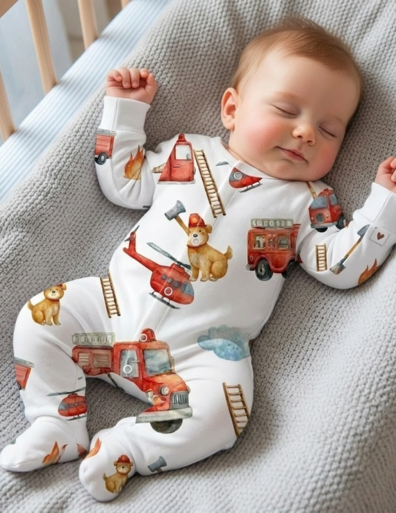Schlafendes Baby im Kinderbett trägt Feuerwehr Strampler mit Feuerwehrauto Motiv, langärmlig