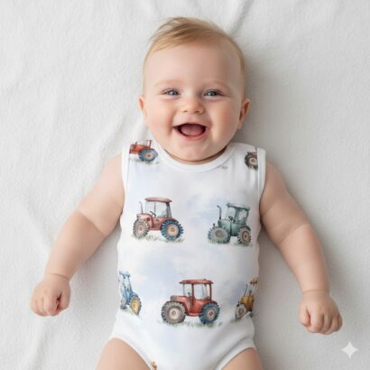 Baby Junge liegt auf dem Rücken und trägt einen ärmellosen Traktor-Body aus Baumwolle.