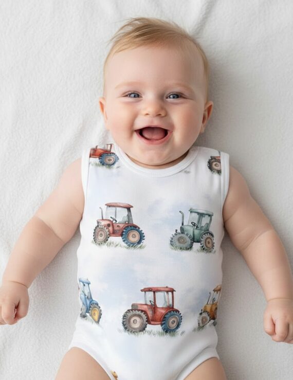 Baby Junge liegt auf dem Rücken und trägt einen ärmellosen Traktor-Body aus Baumwolle.
