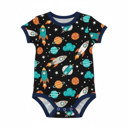 Kurzärmliger dunkelblauer Baby Body aus Baumwolle mit Weltraum- und Planeten-Motiv für Jungen.
