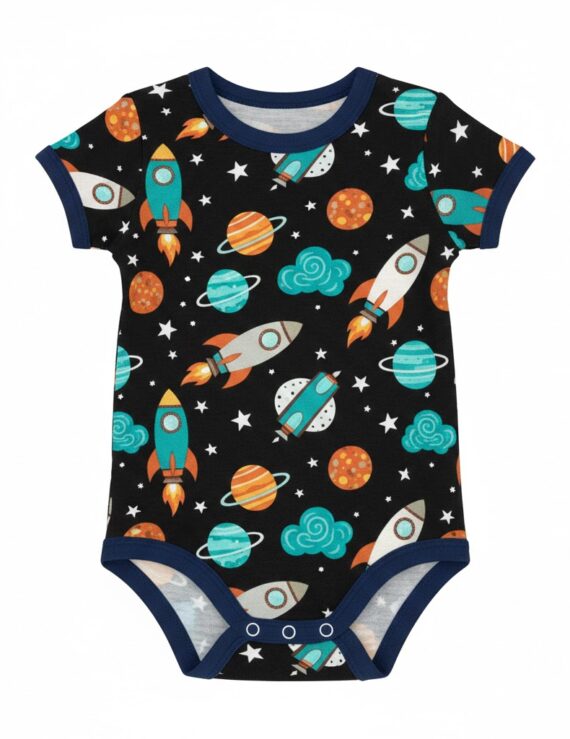 Kurzärmliger dunkelblauer Baby Body aus Baumwolle mit Weltraum- und Planeten-Motiv für Jungen.