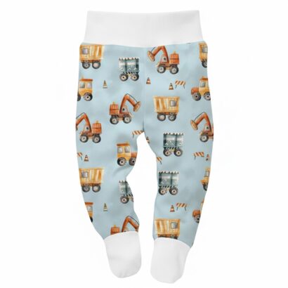 Blaugrüne Babyhose mit Baggermotiv und Fußteil für Jungenbaby