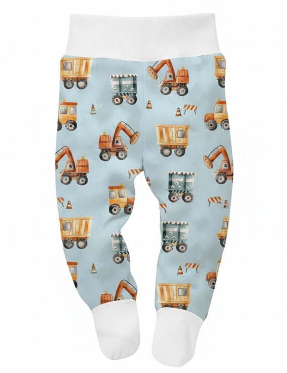 Blaugrüne Babyhose mit Baggermotiv und Fußteil für Jungenbaby
