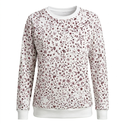 Damen Pullover weiß mit kleinen bordeauxfarbenen Blumen und langen Ärmeln
