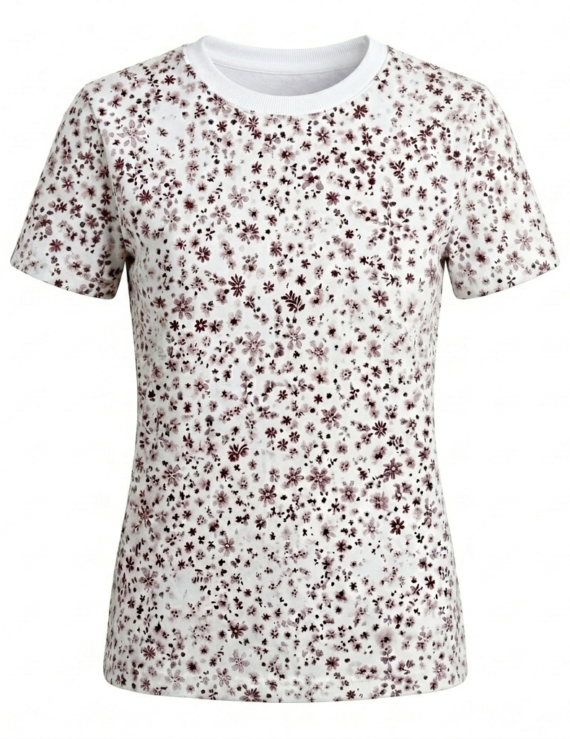 Damen T-Shirt weiß mit kleinen bordeauxfarbenen Blumen