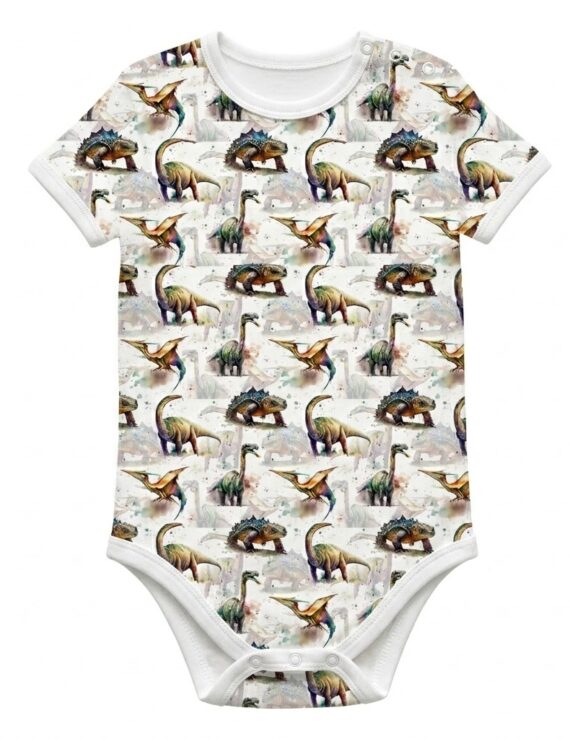Kurzärmliger Baby Body aus Baumwolle mit Dinosaurier-Motiv für Jungen und Mädchen.