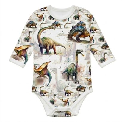 Langärmliger Baby Body aus Baumwolle mit Dinosaurier-Motiv für Jungen und Mädchen.