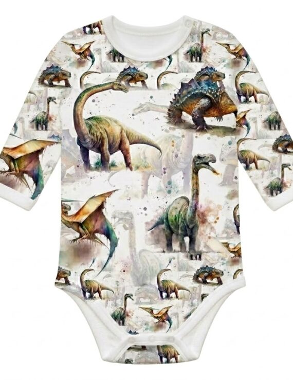 Langärmliger Baby Body aus Baumwolle mit Dinosaurier-Motiv für Jungen und Mädchen.