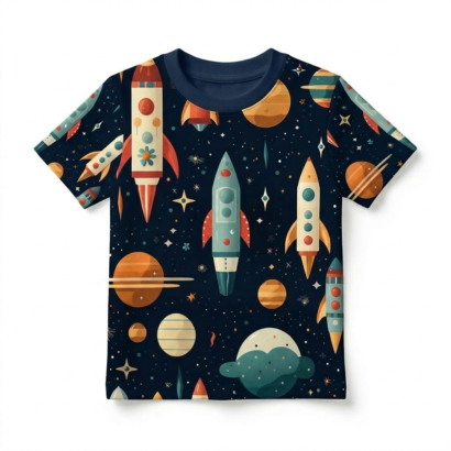 Dunkelblaues Baby T-Shirt mit Planeten-Muster aus Baumwolle