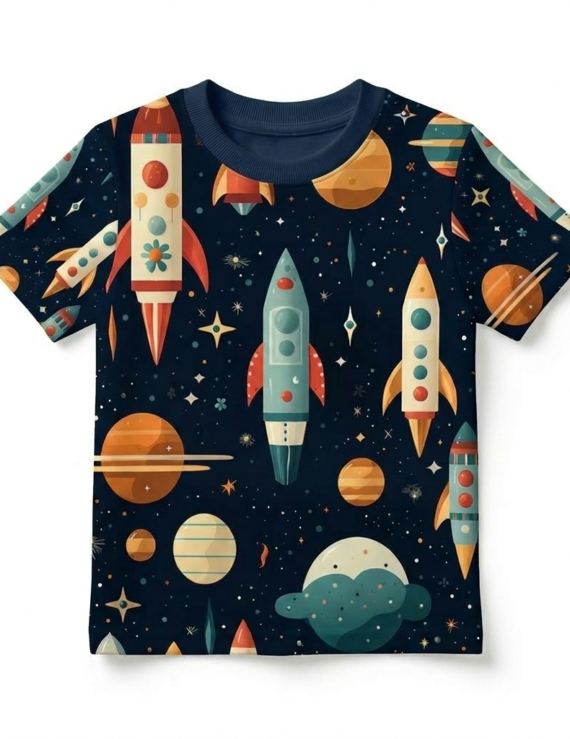Dunkelblaues Baby T-Shirt mit Planeten-Muster aus Baumwolle