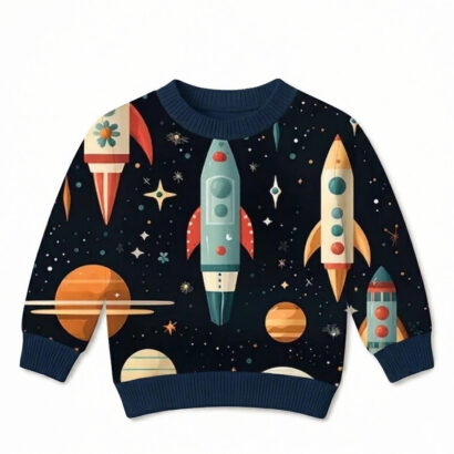 Dunkelblauer Baby Pullover mit Planetenmuster für Jungen