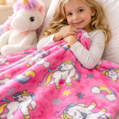 Pinke Wellsoft Babydecke mit Einhorn Muster für Mädchen in verschiedenen Größen