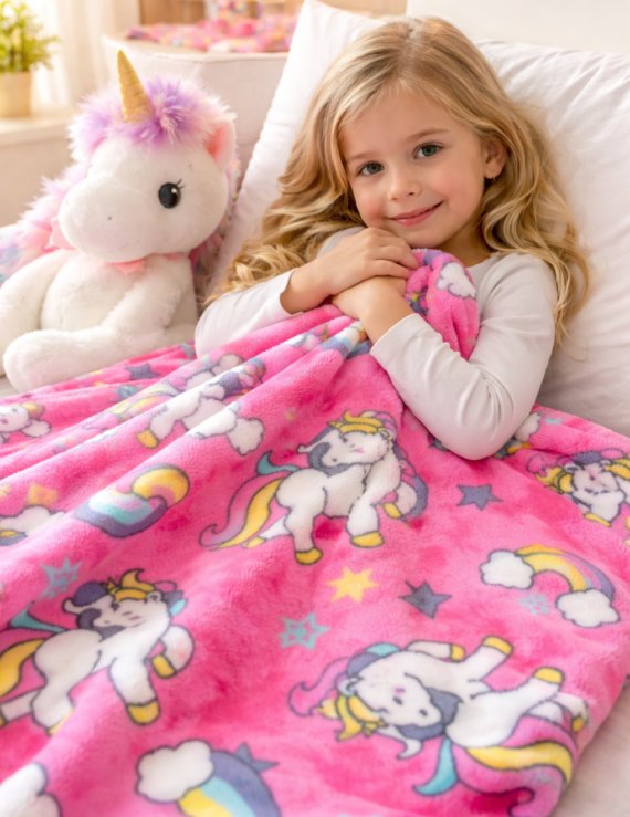 Pinke Wellsoft Babydecke mit Einhorn Muster für Mädchen in verschiedenen Größen