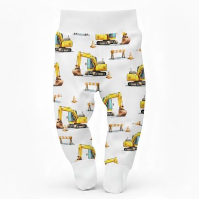 Gelbe Babyhose mit Baggermotiv und Fußteil für Jungenbaby