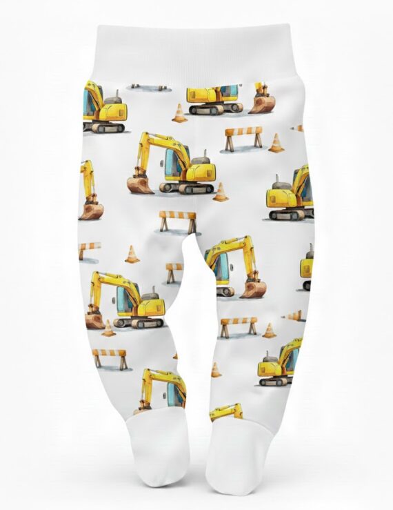 Gelbe Babyhose mit Baggermotiv und Fußteil für Jungenbaby