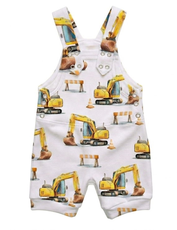 Gelbe Baustellen Latzshorts kurzer Baumwoll Latzoverall mit Baufahrzeug Motiv für Jungen
