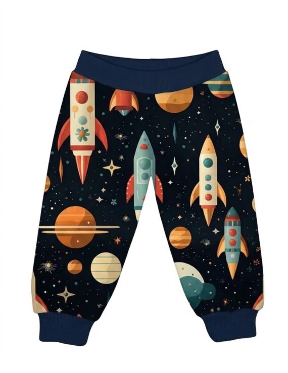 Kinder Jungen Hose dunkelblau mit Planeten Motiv und dunkelblauen Bündchen