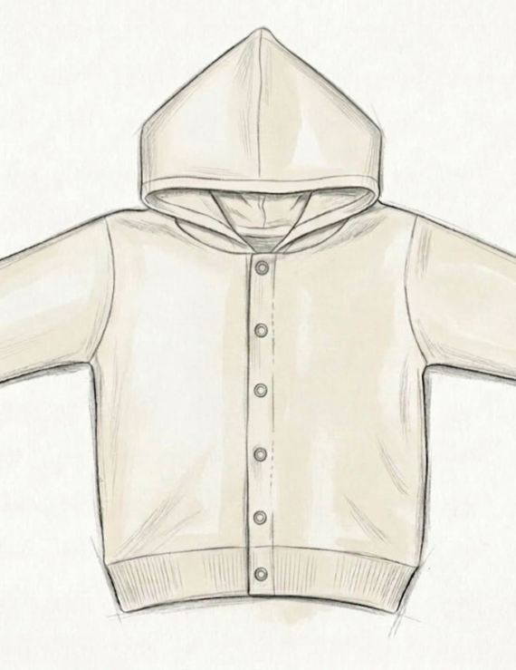 Technische Schnittzeichnung einer Kinder Jungen Kapuzenjacke mit Druckknöpfen