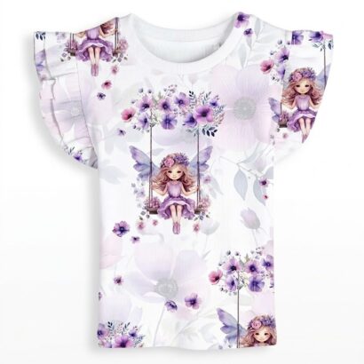 Kinder Mädchen ärmelloses Top in Lila mit Feen Muster und Rüschen
