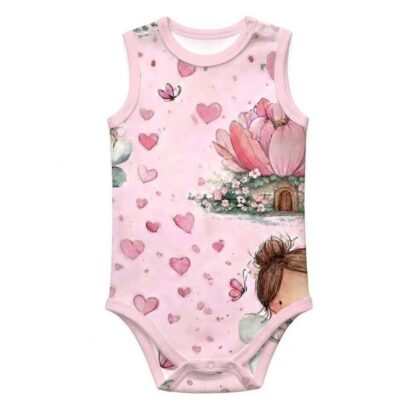 Ärmelloser Baby-Body für Mädchen in Rosa mit Feen-Motiv und Druckknopfleiste.