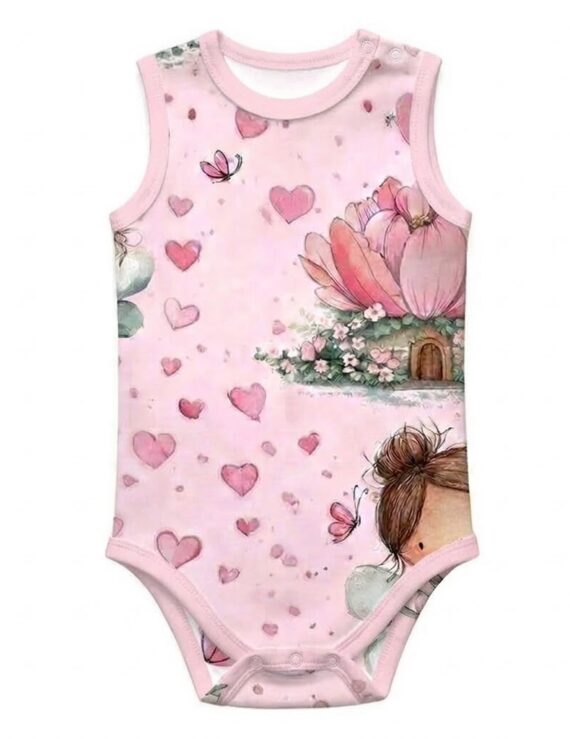 Ärmelloser Baby-Body für Mädchen in Rosa mit Feen-Motiv und Druckknopfleiste.