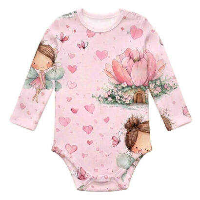 Langarm Baby-Body für Mädchen in Rosa mit Feen-Motiv und durchgehender Druckknopfleiste.