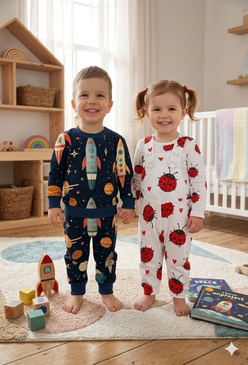 Zwei 2,5 Jahre alte Kinder in Raumanzug- und Marienkäfer-Outfit halten sich an der Hand