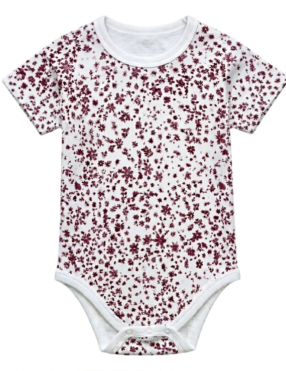 Kurzärmeliger Damen-Body aus Baumwolle mit bordeauxfarbenem Blumenmuster, eng anliegendes Oberteil