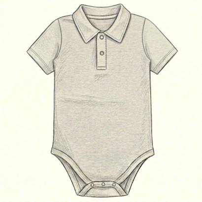 Technische Zeichnung eines kurzärmligen Baby Bodys mit Kragen