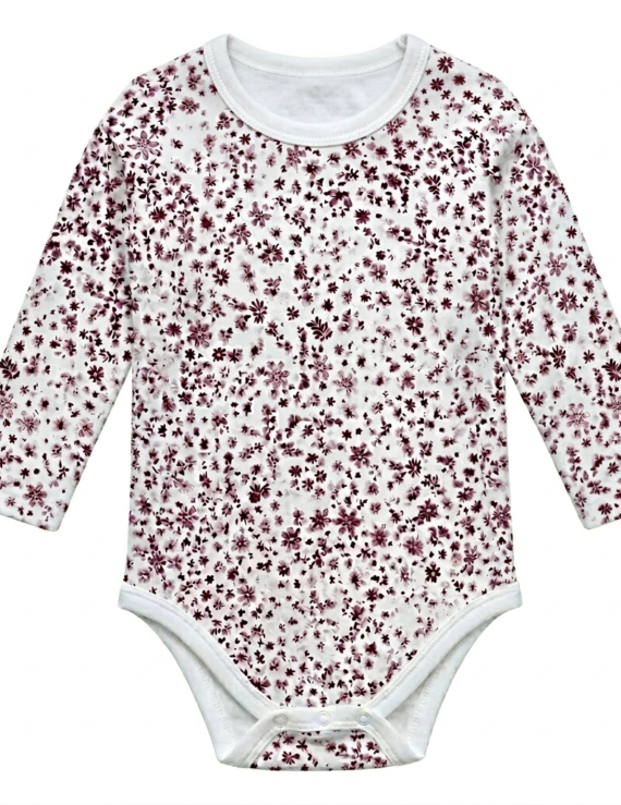 Langärmeliger Damen-Body aus Baumwolle mit bordeauxfarbenem Blumenmuster, eng anliegendes Oberteil