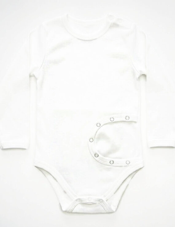 Langärmliger weißer PEG Baby Body aus Baumwolle für Babys mit Sonde.
