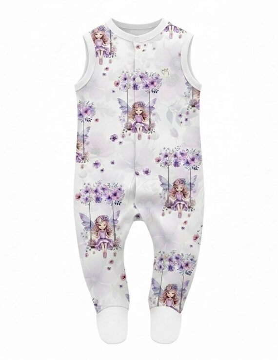Lila Baby Strampler mit Feen-Muster und Füßen für Mädchen