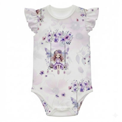 Lila Baby-Body für Mädchen mit Feenmotiv und Rüschenärmeln, niedliches Babyoberteil