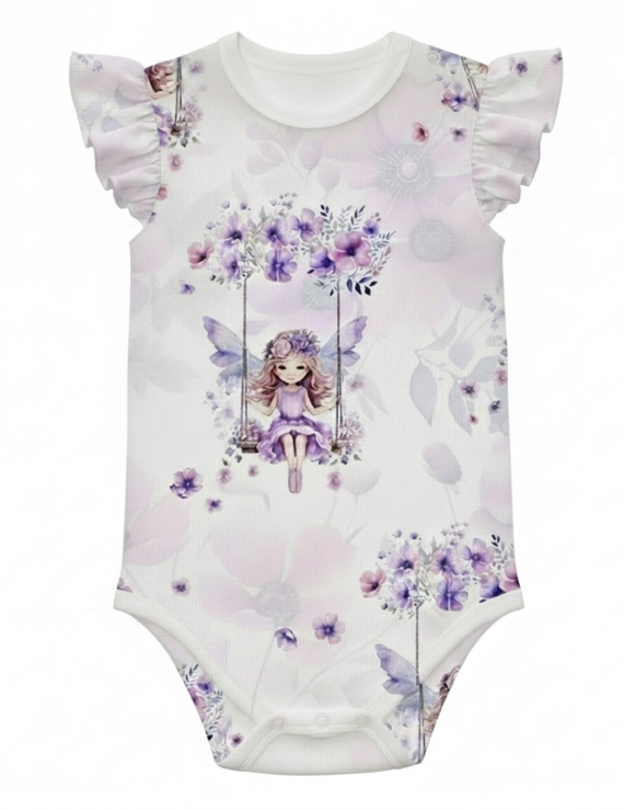 Lila Baby-Body für Mädchen mit Feenmotiv und Rüschenärmeln, niedliches Babyoberteil