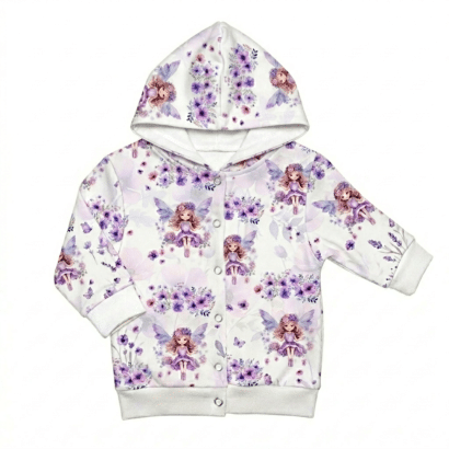 Lila Baby Kapuzenjacke mit Feen-Muster und Druckknöpfen aus Baumwolle