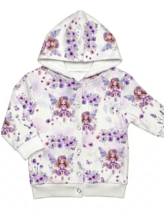 Lila Baby Kapuzenjacke mit Feen-Muster und Druckknöpfen aus Baumwolle