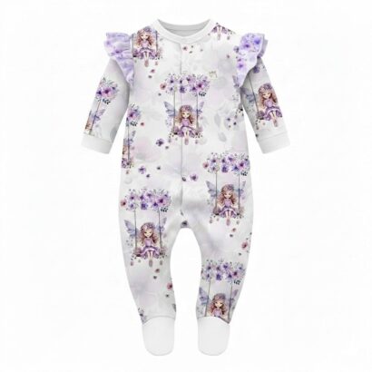 Lila Baby Strampler mit Feen-Muster, langen Ärmeln und Füßen