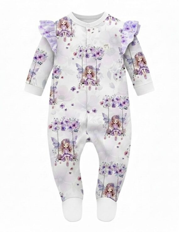 Lila Baby Strampler mit Feen-Muster, langen Ärmeln und Füßen