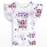 Lila Babyshirt mit Feen-Muster und Rüschenärmeln aus Baumwolle