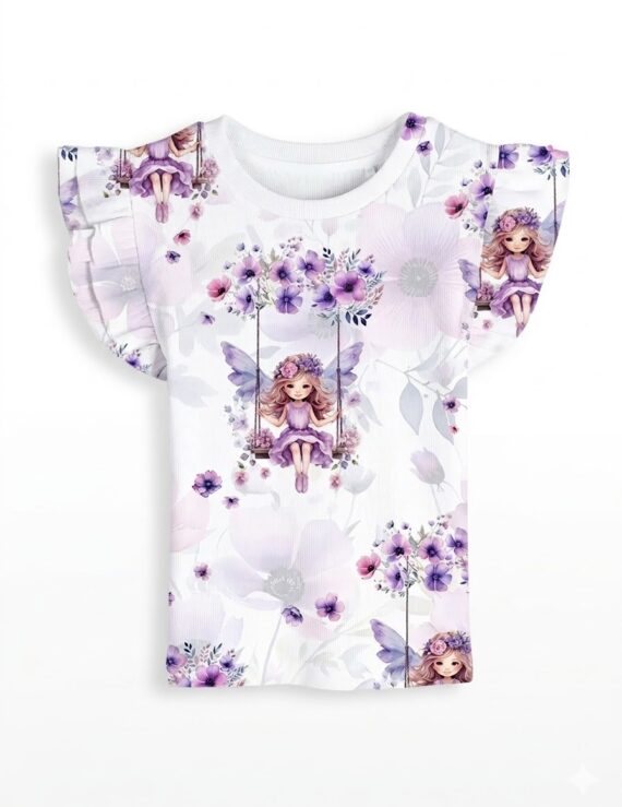 Lila Babyshirt mit Feen-Muster und Rüschenärmeln aus Baumwolle
