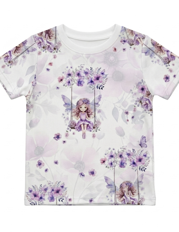 Lila Baumwollshirt für Baby Mädchen mit Feenmotiv und kurzen Puffärmeln