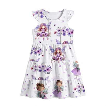 Lila Baby Sommerkleid mit Feen-Muster und Rüschen aus Baumwolle