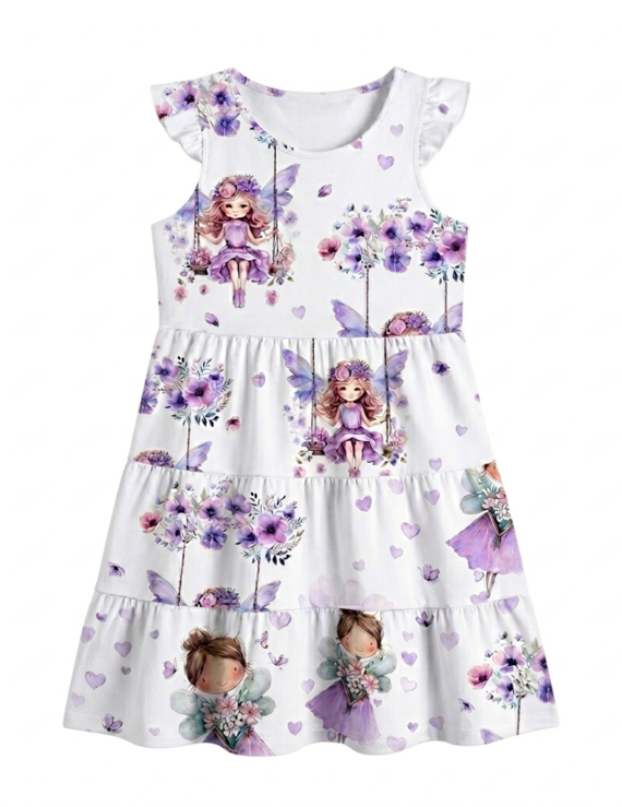 Lila Baby Sommerkleid mit Feen-Muster und Rüschen aus Baumwolle
