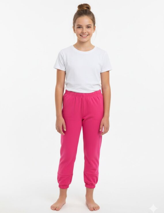 Teenager Mädchen in pinker Hose und weißem T-Shirt mit Dutt