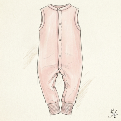 Overall Ärmellos Druck Illustration – Zeichnung eines ärmellosen Overalls mit durchgehender Druckknopfleiste.