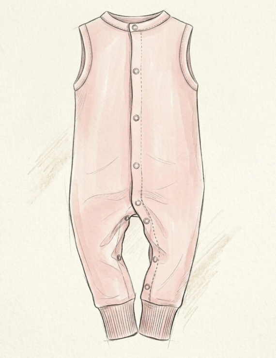 Overall Ärmellos Druck Illustration – Zeichnung eines ärmellosen Overalls mit durchgehender Druckknopfleiste.