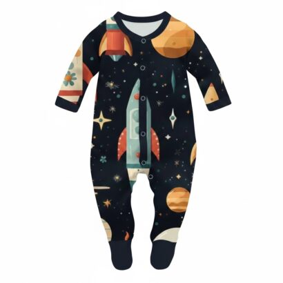 Planeten Baby Strampler aus Baumwolle mit Füßen in Dunkelblau für Jungen