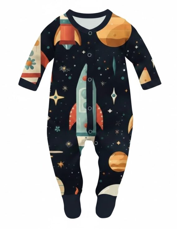 Planeten Baby Strampler aus Baumwolle mit Füßen in Dunkelblau für Jungen